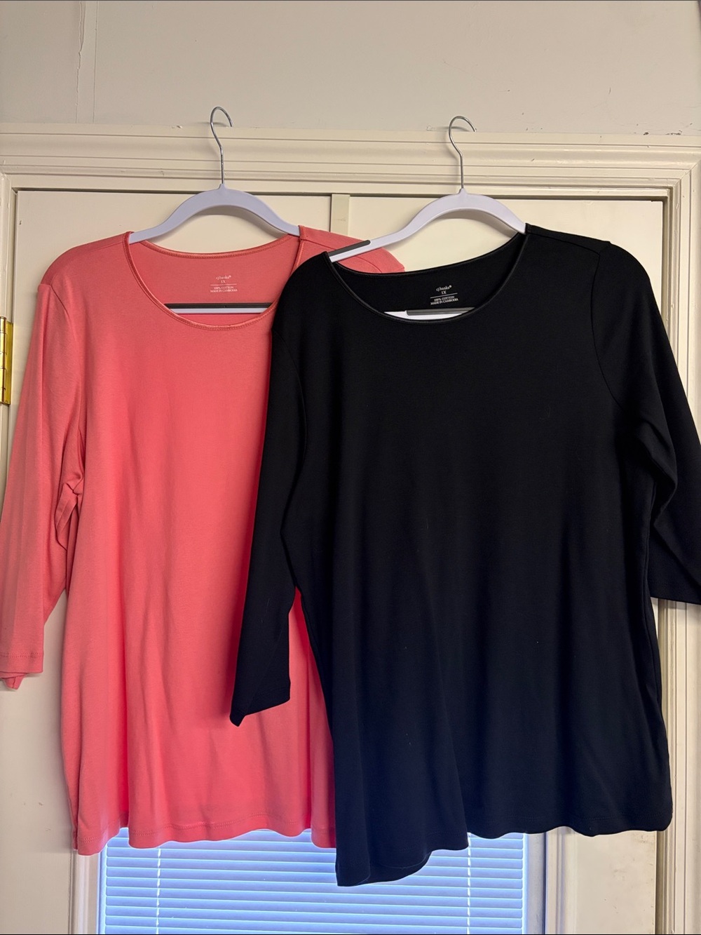 CJ Banks Coral and Black Long Sleeve Crewneck Tops